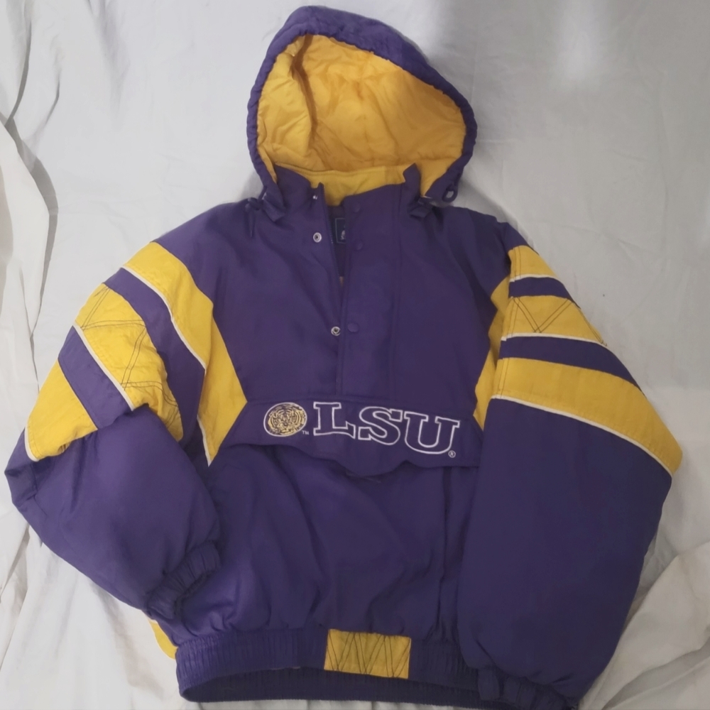 LSU Starter jacket with removable hood. It is a large, and its Purple and gold.
